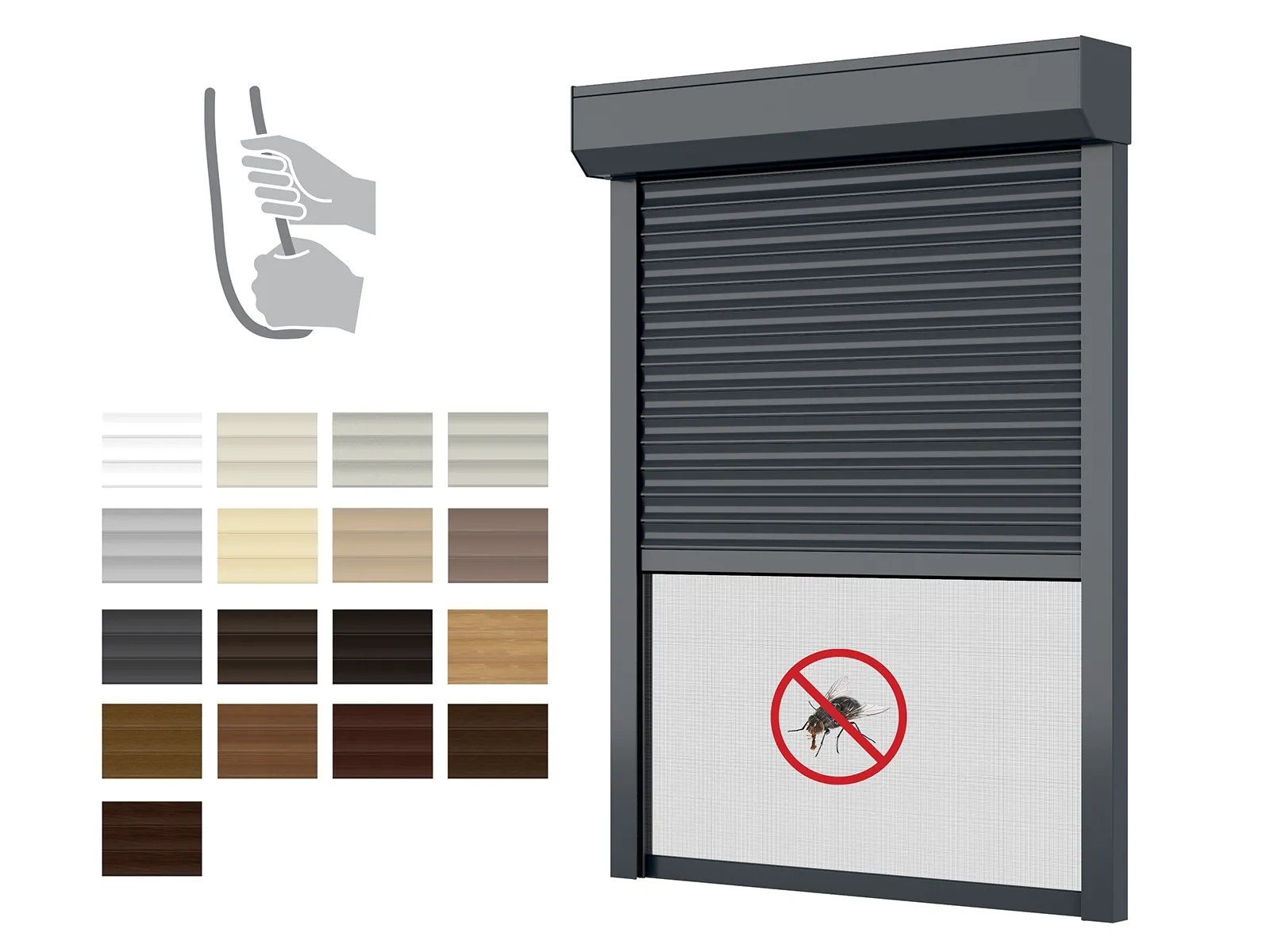 Hliníkové rolety BOX 180mm s rolovacou sieťou - výška do 2240 mm - RUČNÉ OVLÁDANIE